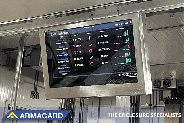 Coffret de protection pour écran KPI de production installé dans un atelier de production