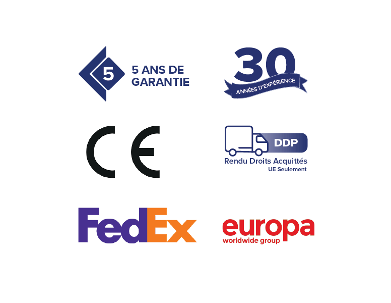 Icônes représentant les garanties, les accréditations et les options d’expédition d’Armagard