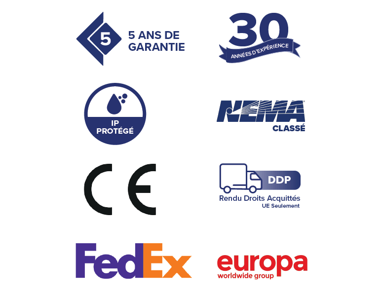 Icônes représentant les garanties, les accréditations et les options d’expédition d’Armagard