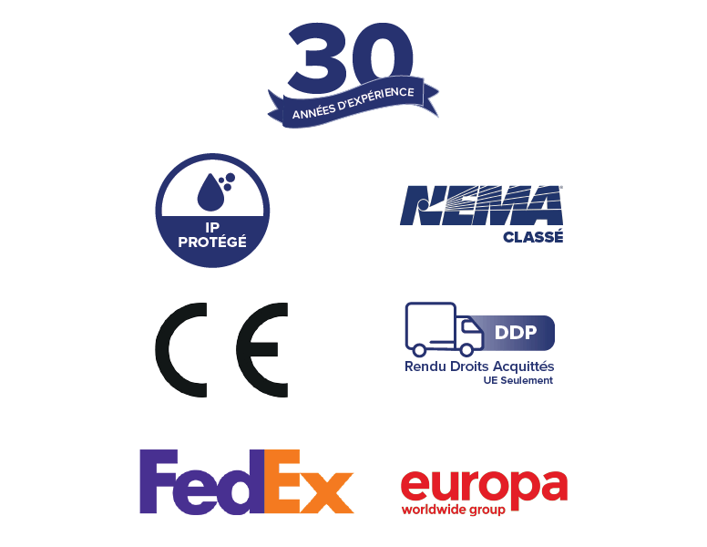 Icônes représentant les garanties, les accréditations et les options d’expédition d’Armagard