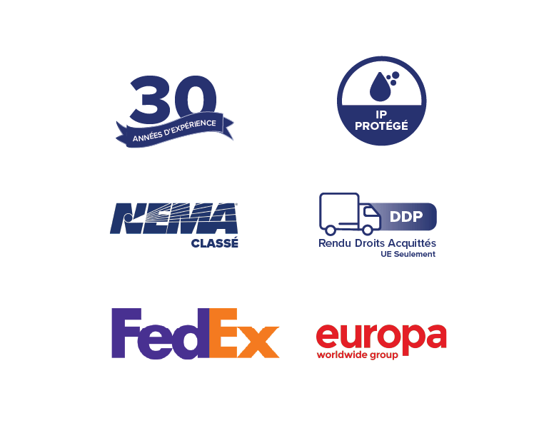 Icônes représentant les garanties, les accréditations et les options d’expédition d’Armagard