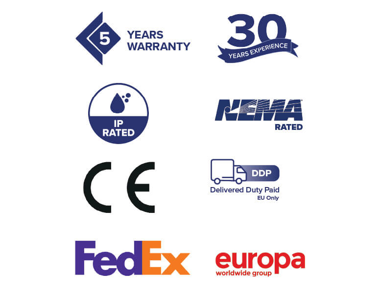 Icônes représentant les garanties, les accréditations et les options d’expédition d’Armagard