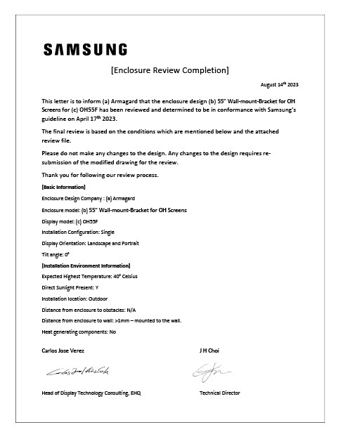 Certificat de conception Samsung OH55F pour le support mural d’écran Armagard